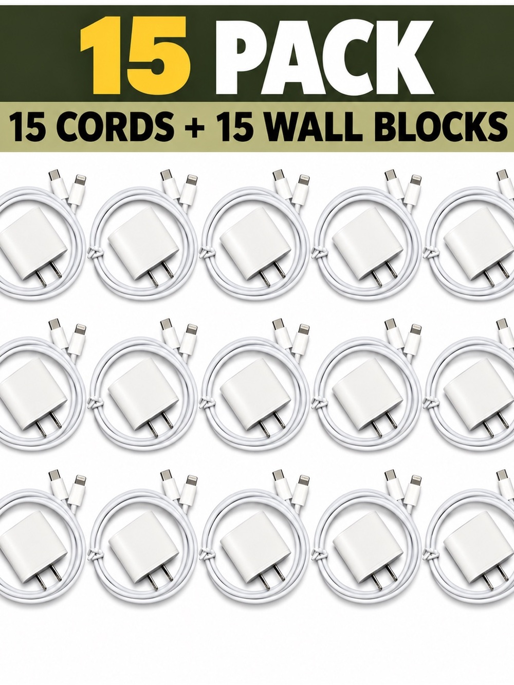 15-Pack White USB Charging Cables with Wall Chargers - Universal Phone Power Kit